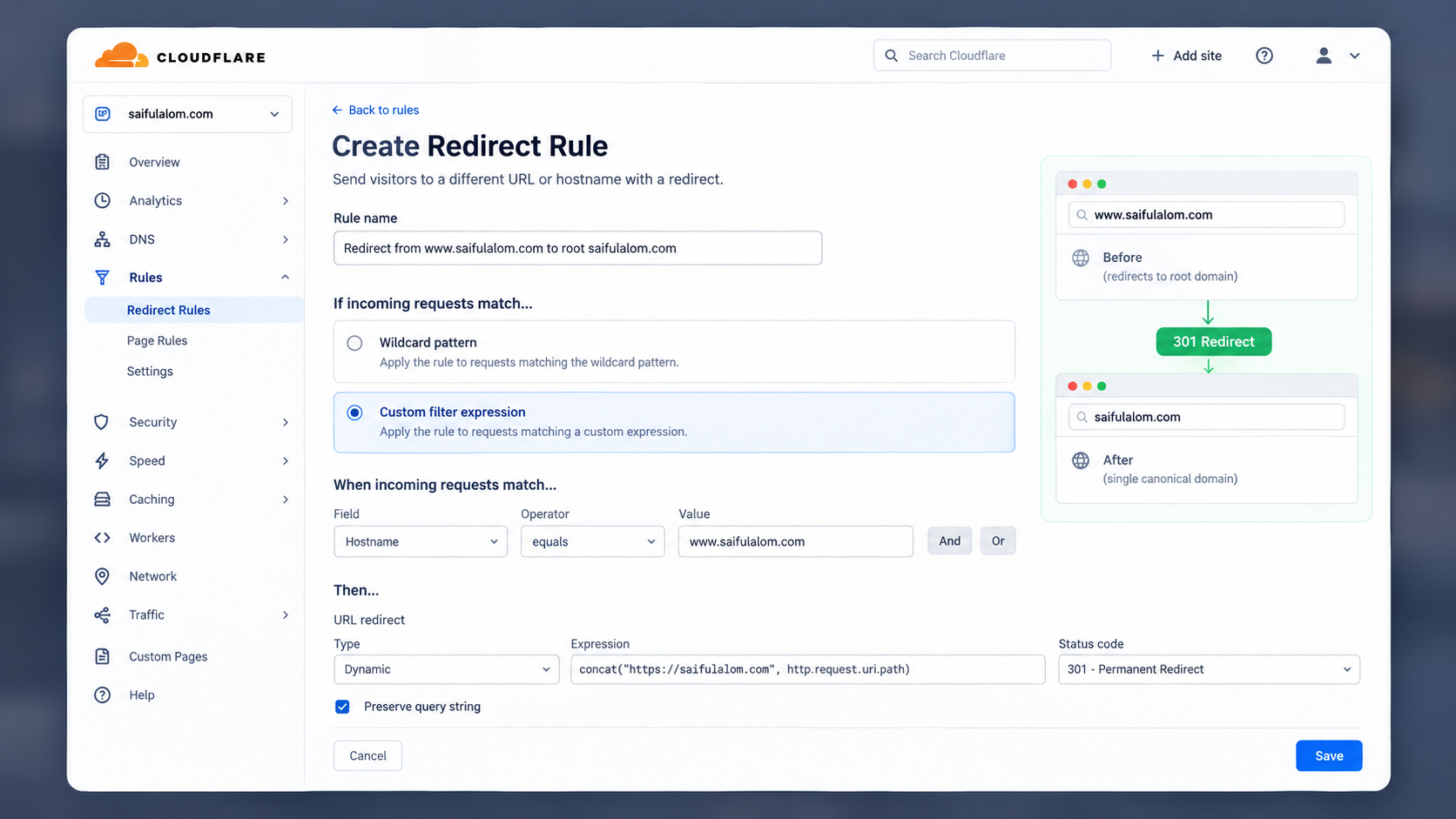 Cloudflare dashboard interface showing a custom 301 redirect rule to fix Better Auth state mismatch